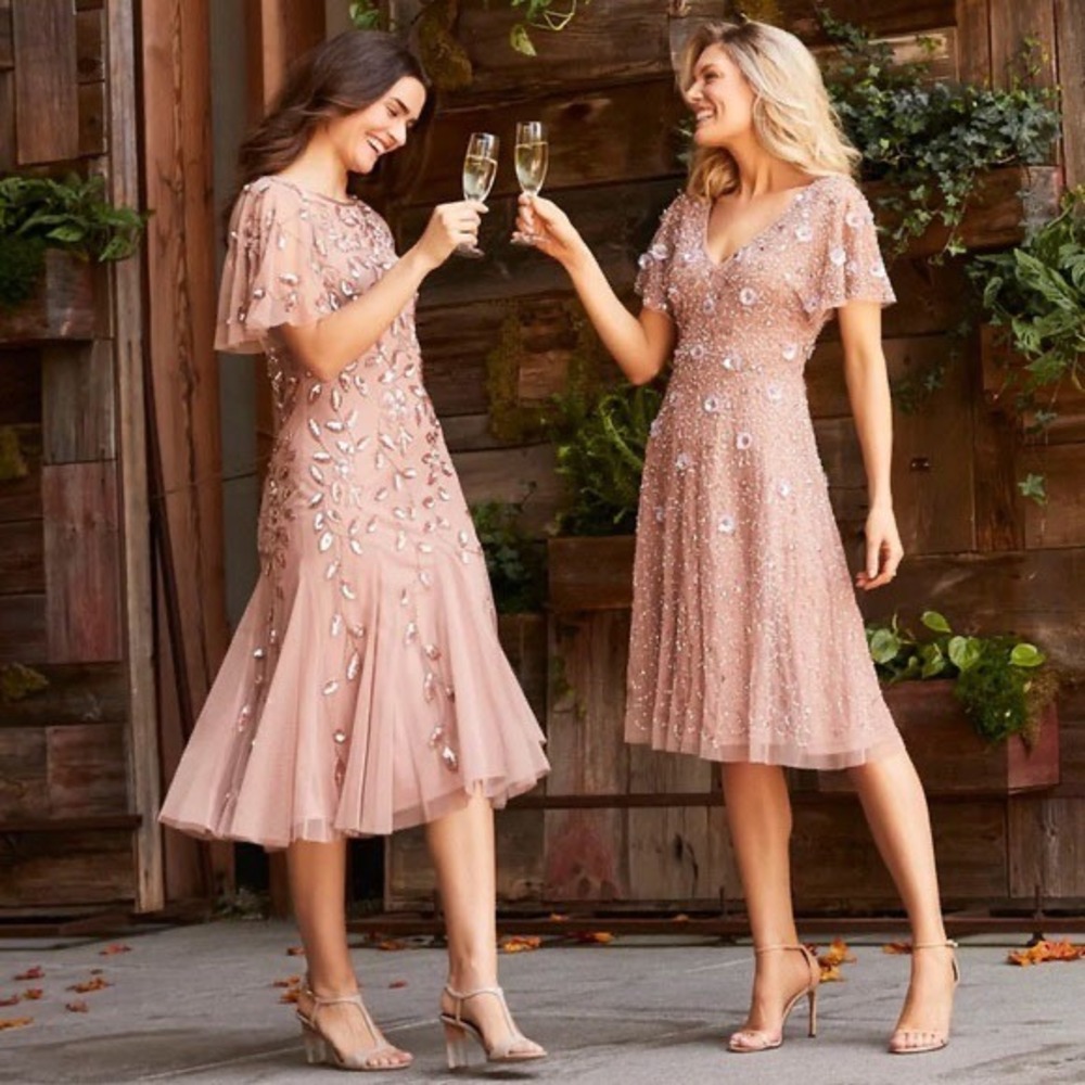 Adrianna Papell Beaded Sequin Mesh Midi Dress Rose Gold Flutter‎ Sleeve Size 2 - Picture 4 of 16